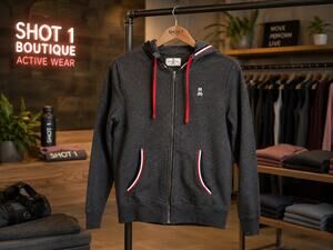 Psycho Bunny Gray Full Zip Hoodie Jacket Red White Blue Stripe Cotton Medium